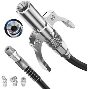 Grease Gun Coupler, Grease Gun Tips with 6 Jaws, Double Handle Grease Fittings Quick Release with 3pcs Grease Nozzle, Rated 10,000 PSI, Compatible with All 1/8" NPT Grease Gun Fittings
