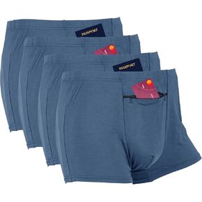 LUEXBOX Pocket Underwear for Men with Secret Hidden Pocket, Travel Boxer Briefs, 4 Packs (Blue)