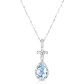 14K White Gold Genuine Aquamarine 1-5/8Ct Teardrop Pendant Necklace with Diamonds