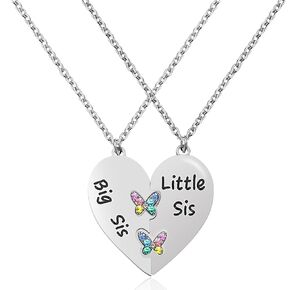 MJartoria Best Friend Necklaces BFF Necklace for 2 Friendship Valentines Day Gifts Matching Heart Pendant Necklace Best Friends Forever (Silver, Big Sis Little Sis+Butterfly)