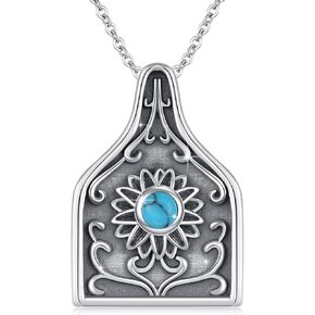 Cow Tag Necklace 925 Sterling Silver Western Cattle Tag Pendant With Turquoise Sunflower Necklace Vintage Western Turquoise Jewelry for Women Men 18+2 Inches
