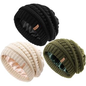 FURTALK Womes Slouchy Winter Beanie Knit Hat Satin Lined 3 Pack Thick Warm Fashionable Skull Cap
