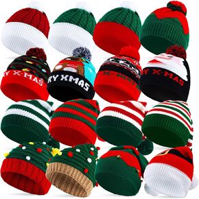 Hicarer 16 Pcs Santa Hats Bulk Christmas Knitted Elf Hats Xmas Beanie Winter Hats Crochet Caps Santa Christmas Beanie with Pom Red and Green Skull Cap for Xmas Winter Holiday Party Supplies Gift