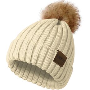 ZOORON Womens Winter Knitted Beanie Hat with Faux Fur Pom Beanie Warm Knit Skull Cap Beanie for Women