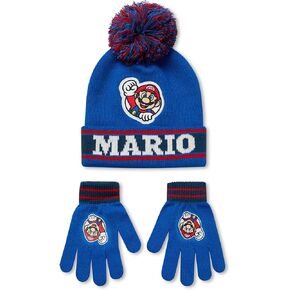 Super Mario Nintendo Boys Beanie Hat and Glove Set | Kids Blue and Red Knitted Bobble Hat