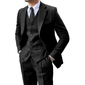 Men's 3 Pieces Suit Retro Slim Fit Suit Tweed Herringbone Business Suit Wedding Party Tuxedos with Blazer Vest Pants