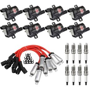 Set of 8 Round Ignition Coils D585+ Spark Plugs+ 748UU 8mm Wires, Compatible with Chevy Silverado 1500 2500 3500 Tahoe Suburban Express Sierra Savana Yukon GMC, Replace UF262 C1512 12622553 in Kuwait