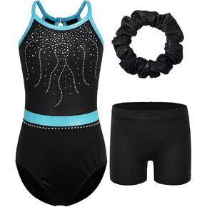BAOHULU Girls Gymnastics Leotards with Tumbling Shorts Bottom Sparkly Dance Outfit Halter Neck Kids Biketards