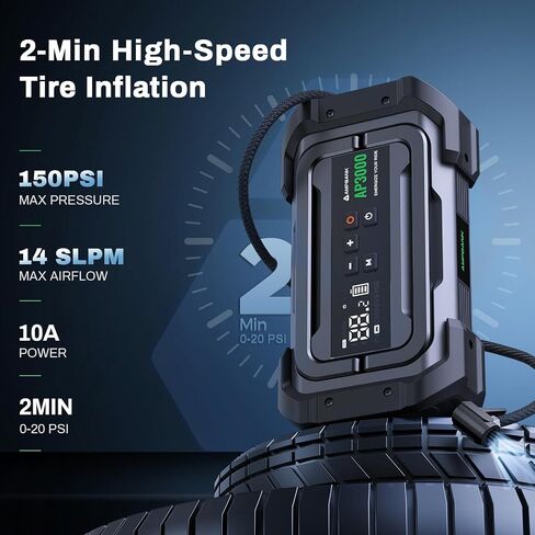 Jump Starter with Air Compressor, 3000A Portable Car Jump Starter with 150PSI Digital Tire Inflator, 12V Car Battery Booster Pack with LED Lighting, LCD Display in Kuwait
