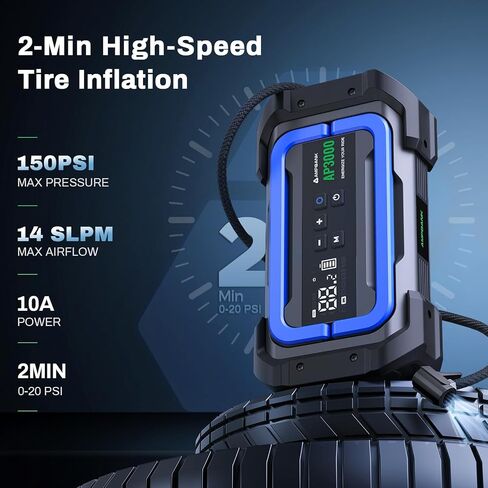 Jump Starter with Air Compressor, 3000A Portable Car Jump Starter with 150PSI Digital Tire Inflator, 12V Car Battery Booster Pack with LED Lighting, LCD Display in Kuwait