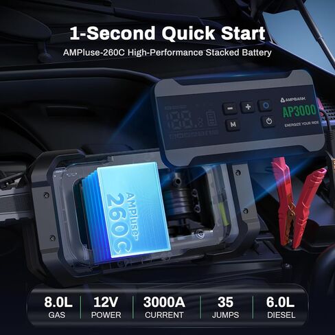 Jump Starter with Air Compressor, 3000A Portable Car Jump Starter with 150PSI Digital Tire Inflator, 12V Car Battery Booster Pack with LED Lighting, LCD Display in Kuwait