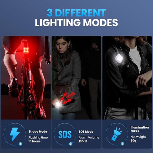 ضوء أمان LED مع إنذار بصوت عالٍ 130 ديسيبل، مشبك على أضواء الجري القوية للعدائين، ضوء تشغيل USB-C مع 3 أشرطة قابلة للتعديل، معدات جري عاكسة عالية الوضوح للكلاب والدراجة والمشي باللون الأسود in Kuwait