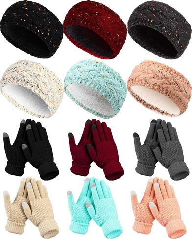 Suhine 12 Pcs Women Knit Cable Headbands and Touch Screen Glove Set Winter Fleece Lined Headbands Ear Warmers Headbands Ear Muffs Texting Gloves for Cold Weather in Saudi Arabia