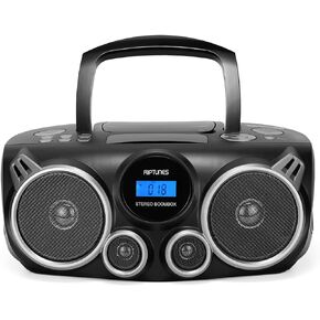 RIPTUNES Portable CD Player Bluetooth Stereo Sound System Digital AM FM Radio, MP3 CD Boombox USB SD PALYBACK with Enhanced Bass, Aux in, Headphone Jack, CD-R/CD-RW Compatible LCD CLOCK Display, Black