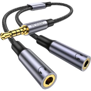 MOSWAG Headphone Mic Splitter 3.5mm Headset Y Adapter 2 Female to 1 Male 3.5mm Jack Cable, Mic Audio Splitter, Headset Splitter Cable with Separate Audio Microphone Jacks