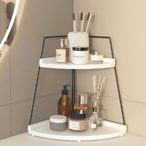 XSuYung 2 Tier Corner Bathroom Counter Organizer,Coffee Bar Organizer for Countertop,Bathroom Organizers and Storage,Wood Bathroom Accessories/Decor(White)