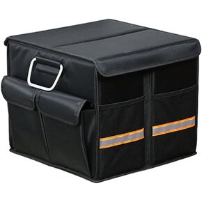 Car Trunk Organizer - Collapsible Trunk Organizer with Foldable Cover Aluminium Alloy Handle Reflective Strip for Auto, SUV, Truck, Minivan (S Black)