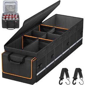 Car Trunk Organizer and Storage with Removable Leakproof Cooler Bag, 6 Removable Dividers for Custom Space, Collapsible Trunk Storage with Non Slip Bottom, Foldable Cover