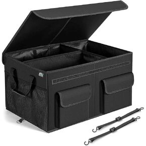 MIU COLOR Car Trunk Organizer with Lid, Foldable Car Storage Organizer with 3 Compartments, 8 Pockets, Leather Handles, Non-Slip Bottom, Car Organizer and Storage for SUV, Van, Grocery, Camping, Black