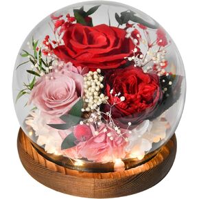 Preserved Flowers Handmade Real Roses in Glass with Light, Gifts for Women Mom Grandma Wife Sister Girlfriend Her Birthday Valentine’s Day Christmas Thanksgiving Mother's Day