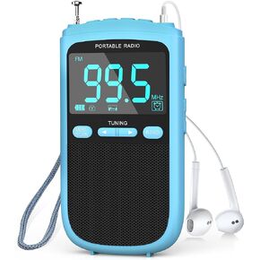راديو محمول AM FM، راديو جيب شخصي ببطارية قابلة لإعادة الشحن بقدرة 900 مللي أمبير في الساعة مع أفضل استقبال، شاشة LCD واضحة، مقبس سماعة الأذن، راديو ترانزستور لإعداد الوقت للمنزل والخارج، المشي (أزرق) in Kuwait