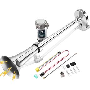 HK 12V 150db Air Horn, 18 Inches Chrome Zinc Single Trumpet Truck Air Horn with Compressor Powerful Loud 150db for Truck Boat SUV Train (Sliver)