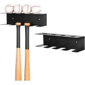 MyGift Wall Mounted Metal Baseball Bat and Ball Holder Organizer Rack in Matte Black Finish, Hanging Sports Memorabilia and Collectibles Storage Display Shelf for Garage, Gym & Locker Room, Set of 2