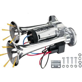 12V Black Truck Train Air Horn Kit 600DB Dual Trumpets Super Loud Electric Car Air Horn Kit with Compressor Applicable for Vehicle Car SUV Trucks Pickup Trains Lorrys Cars Boats Ship