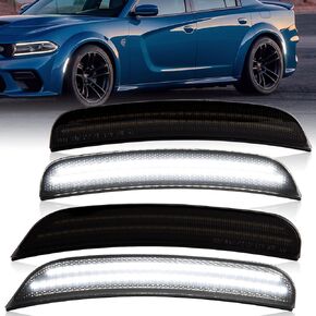 Gempro LED Side Marker Lights Compatible with Dodge Charger LD 2015-2023 Front Rear Bumper Marker Lamps Smoked Len, 4PCS (White Led)