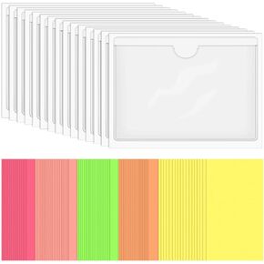40 Pack Self-Adhesive Index Card Holder, Clear Plastic Library Card Pockets Label Holder with Top Open, Ideal Card Holder and 50 Sheets Colorful Index Cards, 3.8 x 5.3 Inch