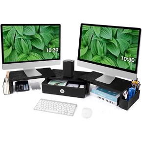 Dual Monitor Stand Riser With Drawer, Pink Office Desk Shelf Organizer And Accessories For Women, Computer Stand With Storage For 2 Monitors, Adjustable Desk Riser For Monitor, Desktop Organizer