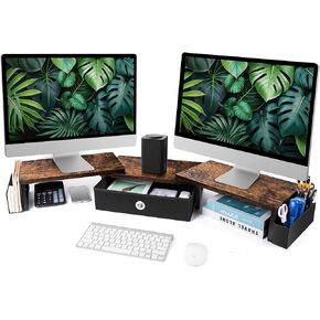Dual Monitor Stand Riser With Drawer, Pink Office Desk Shelf Organizer And Accessories For Women, Computer Stand With Storage For 2 Monitors, Adjustable Desk Riser For Monitor, Desktop Organizer