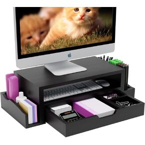 Monitor Stand Riser and Computer Wood Desk Organizer with Drawer and Pen Holder for Laptop, Computer, iMac, Black
