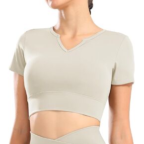 Women's Workout Crop Tops Gym Yoga Short Sleeve V-Neck Shirts Casual Basic Cropped Tee Tops with Built in Bra