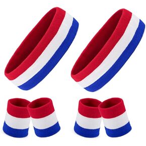 Striped Sweatbands Set, Sports Headband and Wristbands Sweatbands Colorful Cotton Striped Sweatband Set American Flag Style for Men and Women