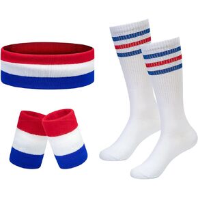 Striped Sweatbands Set, Sports Headband and Wristbands Sweatbands Colorful Cotton Striped Sweatband Set American Flag Style for Men and Women