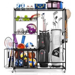 VOWNER Golf Storage Ball Rack, Garage Organizer Shelves, 2 Golf Bag Storage Stand and Other Sports Equipment Organizer Rack, Large Size Golf Clubs Display Rack with Lockable Wheels, Black in Kuwait
