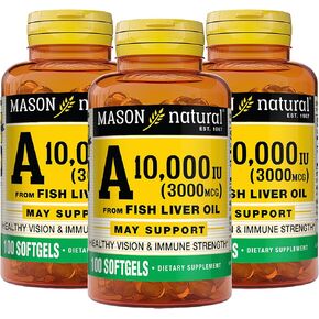 MASON NATURAL Vitamin A 3,000 mcg (10000 IU) from Fish Liver Oil - Promotes Healthy Vision, Supports a Healthy Immune System, Essential Nutrient, 100 Softgels