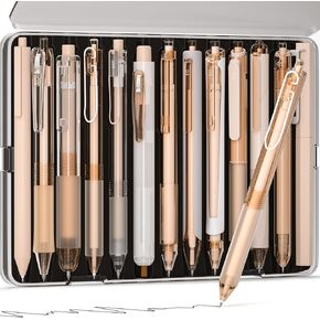 13PCS Pastel Gel Ink Pen Set with Case, Cute Retractable 0.5mm Fine Point Pen, 12 Black Ink Pen with 1 Highlighter, Aesthetic Drawing Pen for Student Note Taking,Writing,Office Supplies (Brown)