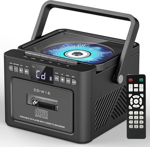 Sunoony Boombox Cassette CD Player Combo with Bluetooth, FM, Remote Control, Tape Recording, AUX/TF/USB Drive, Rechargeable CD Player with Stereo Sound & Headphone Jack, LED Display for Home,Kids,Gift in Saudi Arabia