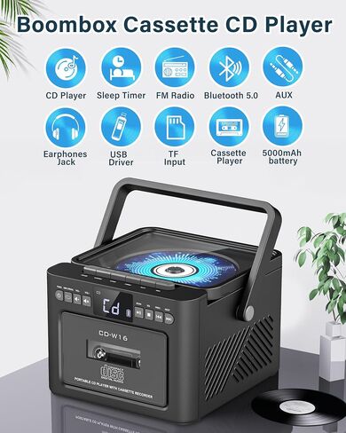 Sunoony Boombox Cassette CD Player Combo with Bluetooth, FM, Remote Control, Tape Recording, AUX/TF/USB Drive, Rechargeable CD Player with Stereo Sound & Headphone Jack, LED Display for Home,Kids,Gift in Saudi Arabia