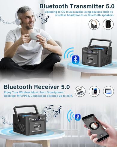 Sunoony Boombox Cassette CD Player Combo with Bluetooth, FM, Remote Control, Tape Recording, AUX/TF/USB Drive, Rechargeable CD Player with Stereo Sound & Headphone Jack, LED Display for Home,Kids,Gift in Saudi Arabia