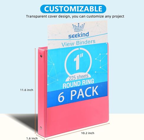 مجلدات حلقات مقاس 1 بوصة، مجلدات عرض SEEKIND، تحمل ورقًا يصل إلى 8.5 بوصة و11 بوصة، غطاء شفاف قابل للتخصيص، للمنزل والمكتب ومستلزمات المدرسة، 6 عبوات in Kuwait