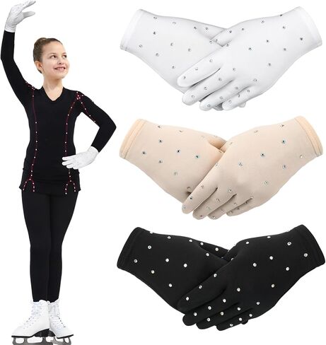 Liliful 3 أزواج من قفازات التزلج الحرارية للنساء والفتيات قفازات التزلج على الجليد مع زخرفة حجر الراين للتدريب على أداء اختبار المنافسة وعرض الرقص، مقاس متوسط، 3 ألوان in Kuwait