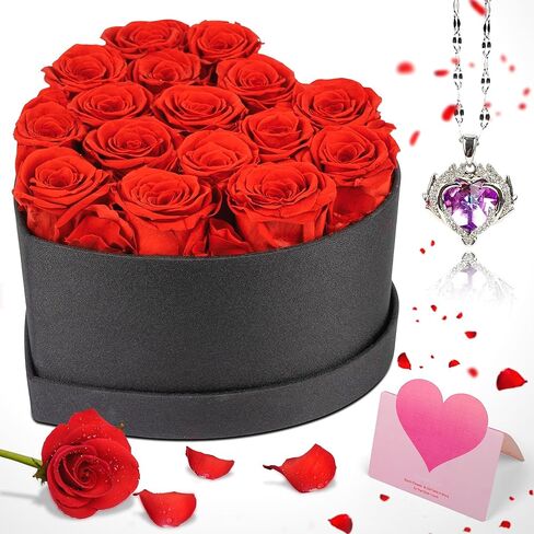 16 Piece Preserved Flowers Roses Heart Shape Box Forever Flowers with Necklace Real Roses That Last A Year Christmas Roses Gifts for Women Anniversary Rose Bouquet Gifts (Red) (Red) in Saudi Arabia