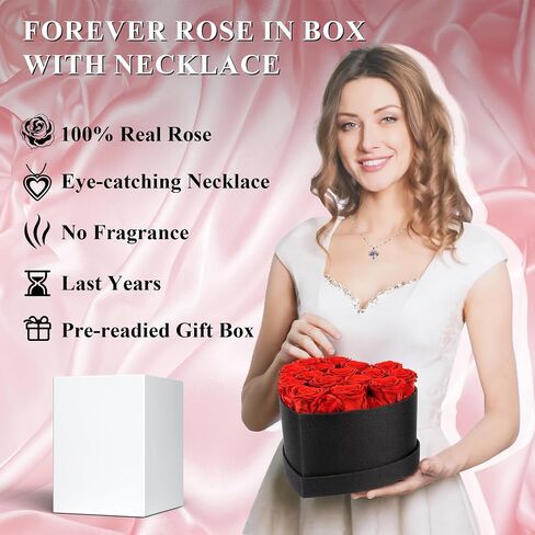 16 Piece Preserved Flowers Roses Heart Shape Box Forever Flowers with Necklace Real Roses That Last A Year Christmas Roses Gifts for Women Anniversary Rose Bouquet Gifts (Red) (Red) in Saudi Arabia
