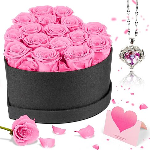 16 Piece Preserved Flowers Roses Heart Shape Box Forever Flowers with Necklace Real Roses That Last A Year Christmas Roses Gifts for Women Anniversary Rose Bouquet Gifts (Red) (Red) in Saudi Arabia