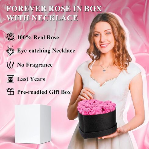16 Piece Preserved Flowers Roses Heart Shape Box Forever Flowers with Necklace Real Roses That Last A Year Christmas Roses Gifts for Women Anniversary Rose Bouquet Gifts (Red) (Red) in Saudi Arabia