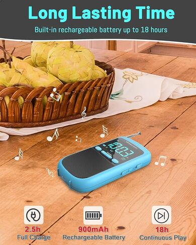 راديو محمول AM FM، راديو جيب شخصي ببطارية قابلة لإعادة الشحن بقدرة 900 مللي أمبير في الساعة مع أفضل استقبال، شاشة LCD واضحة، مقبس سماعة الأذن، راديو ترانزستور لإعداد الوقت للمنزل والخارج، المشي (أزرق) in Kuwait