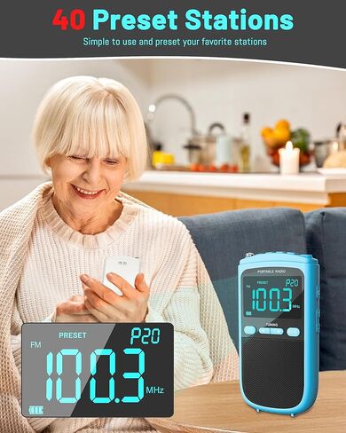 راديو محمول AM FM، راديو جيب شخصي ببطارية قابلة لإعادة الشحن بقدرة 900 مللي أمبير في الساعة مع أفضل استقبال، شاشة LCD واضحة، مقبس سماعة الأذن، راديو ترانزستور لإعداد الوقت للمنزل والخارج، المشي (أزرق) in Kuwait